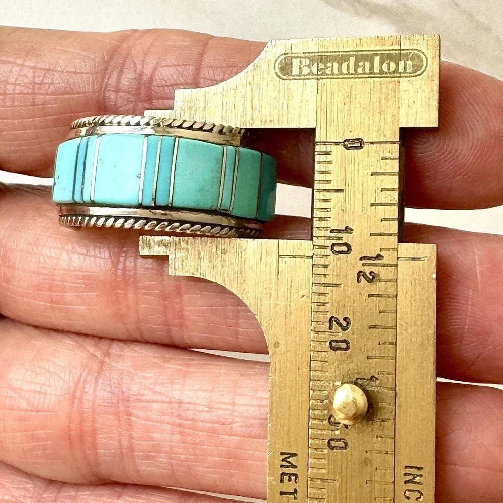 Mens Navajo Wedding Band 12 Ring Turquoise 12mm Inlay Signed Panteah Native Amer